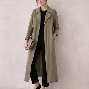 OAK + FORT Olive Green Long Trench Coat Duster Minimalist Modern M Quiet Luxury